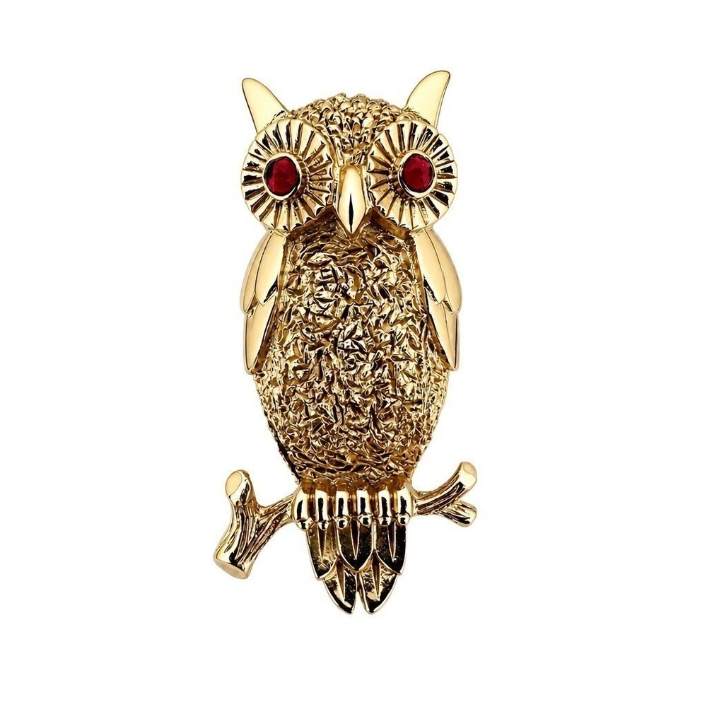 Vintage Crown Trifari Gold Tone Owl Brooch Signed‎ Figural Pin Red Eyes 1960s